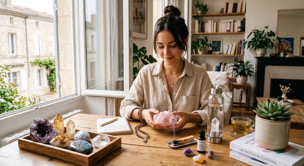 Une femme est assise à une table en bois et tient un gros morceau de quartz rose dans ses mains, avec de la fumée qui s'en dégage. Elle est entourée de divers cristaux dans un plateau, d'une bouteille d'eau infusée aux cristaux, d'un carnet et d'un livre intitulé 'Les Cristaux au Quotidien'. L'arrière-plan montre une fenêtre ouverte donnant sur des bâtiments en pierre.