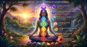 Une femme en méditation assise dans un paysage naturel serein au coucher du soleil, illustrant les 7 chakras alignés sur son corps par des symboles lumineux colorés. À droite, une infographie liste chaque chakra (Racine à Couronne) associé à sa pierre naturelle (Jaspe rouge, Cornaline, Citrine, Quartz rose, Aigue-marine, Lapis-lazuli, Améthyste) et sa fonction principale.