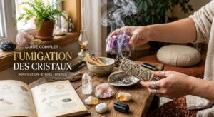 Une photographie d'ambiance montrant une personne effectuant un rituel de fumigation pour purifier un cristal d'améthyste à l'aide d'un bâton de sauge blanche fumant au-dessus d'une coquille d'Ormeau. Sur une table en bois se trouvent divers cristaux, une coupelle avec du bois de Palo Santo, et un livre ancien ouvert. Le texte « GUIDE COMPLET : FUMIGATION DES CRISTAUX » est superposé sur l'image en haut à gauche.