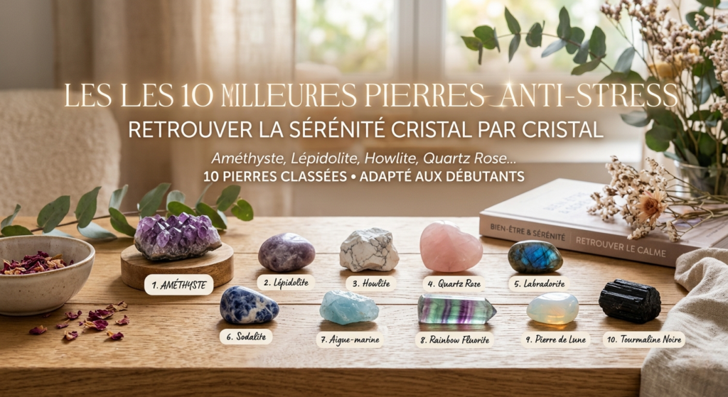 Une image d'illustration montrant 10 cristaux différents alignés sur une table en bois dans une ambiance zen. Chaque pierre est étiquetée avec son nom en français (Améthyste, Lépidolite, Howlite, Quartz Rose, etc.). Un texte en haut indique "Les 10 meilleures pierres anti-stress : retrouver la sérénité cristal par cristal". En arrière-plan, on aperçoit une fenêtre floutée, un livre et des branches d'eucalyptus.