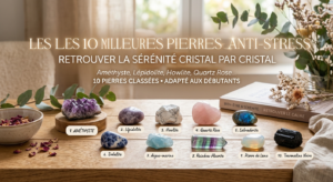 Une image d'illustration montrant 10 cristaux différents alignés sur une table en bois dans une ambiance zen. Chaque pierre est étiquetée avec son nom en français (Améthyste, Lépidolite, Howlite, Quartz Rose, etc.). Un texte en haut indique "Les 10 meilleures pierres anti-stress : retrouver la sérénité cristal par cristal". En arrière-plan, on aperçoit une fenêtre floutée, un livre et des branches d'eucalyptus.
