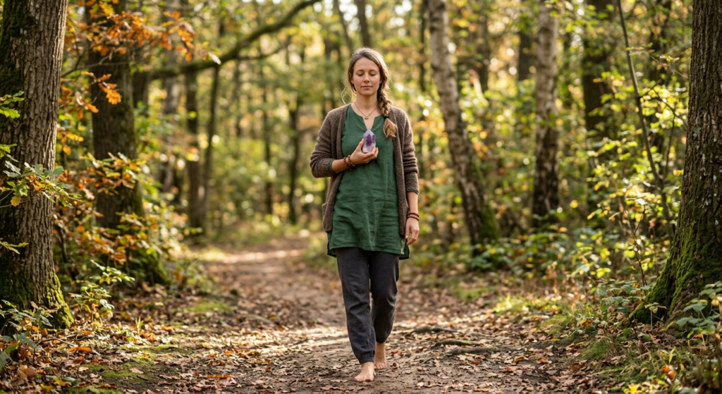 Une femme marche pieds nus sur un sentier couvert de feuilles mortes au cœur d'une forêt aux couleurs d'automne. Elle avance doucement vers l'avant, les yeux fermés dans une expression de profonde sérénité. Elle porte une tunique verte, un cardigan marron et tient un grand cristal d'améthyste violet contre sa poitrine avec les deux mains. La lumière du soleil filtre à travers les arbres, créant une atmosphère chaleureuse et paisible autour d'elle.