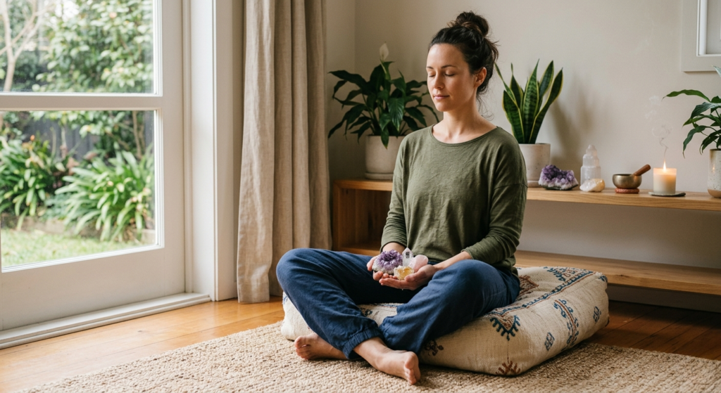 Une femme assise en tailleur sur un grand coussin de sol brodé dans un intérieur lumineux. Elle a les yeux fermés et affiche une expression sereine, tenant délicatement plusieurs cristaux (améthyste et quartz) dans ses mains jointes. Autour d'elle, une décoration zen avec des plantes vertes, une bougie allumée et un bol chantant sur une étagère en bois, devant une grande fenêtre donnant sur un jardin.