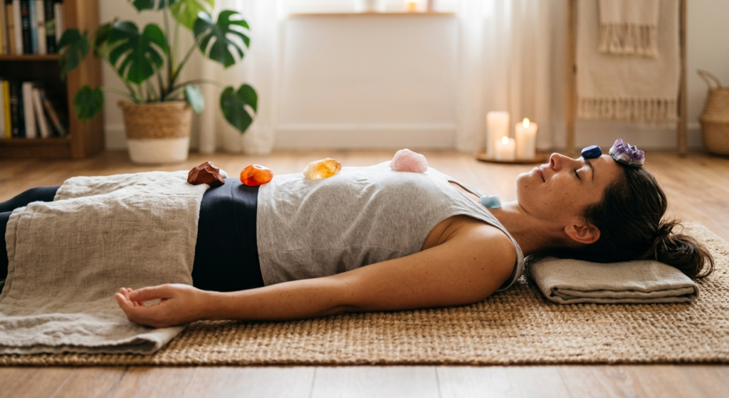 Vue de profil d'une femme allongée sereinement sur un tapis, pratiquant une séance de lithothérapie. Sept pierres naturelles sont disposées sur son corps suivant les points énergétiques (chakras) : un jaspe rouge, une cornaline orange, une citrine jaune, un quartz rose sur le cœur, une aigue-marine bleue claire sur la gorge, un lapis-lazuli sur le front et une améthyste violette au sommet du crâne. L'ambiance est calme et lumineuse dans un intérieur zen.