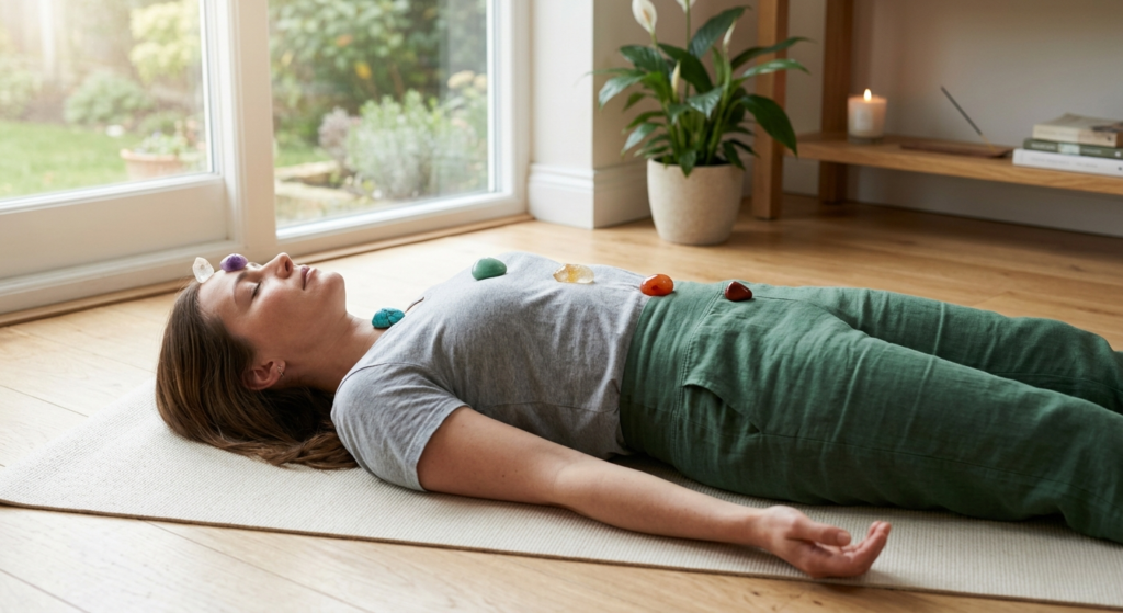 Une femme allongée sur le dos sur un tapis de yoga dans un salon paisible et baigné de lumière naturelle. Elle est en état de relaxation profonde, les yeux fermés. Plusieurs pierres et cristaux de différentes couleurs sont soigneusement disposés le long de son corps, alignés sur les points des chakras (du front jusqu'au bas de l'abdomen). À l'arrière-plan, une atmosphère zen avec une plante en pot, une bougie et de l'encens sur une étagère en bois près d'une fenêtre.