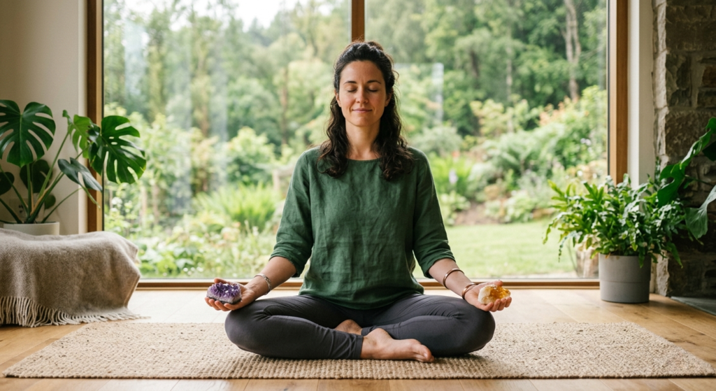 Une femme assise en position du lotus sur un tapis de jute, pratiquant la méditation dans un salon lumineux ouvert sur un jardin verdoyant. Elle tient une améthyste violette dans sa main gauche et une citrine jaune dans sa main droite, les yeux clos dans une expression de calme profond.