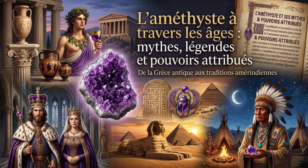 Composition illustrant l'histoire de l'améthyste à travers les âges : au centre, un cristal violet brut entouré de scènes de la Grèce antique, de l'Égypte des pharaons, de la royauté médiévale et des traditions amérindiennes sous la lune.