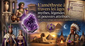 Composition illustrant l'histoire de l'améthyste à travers les âges : au centre, un cristal violet brut entouré de scènes de la Grèce antique, de l'Égypte des pharaons, de la royauté médiévale et des traditions amérindiennes sous la lune.