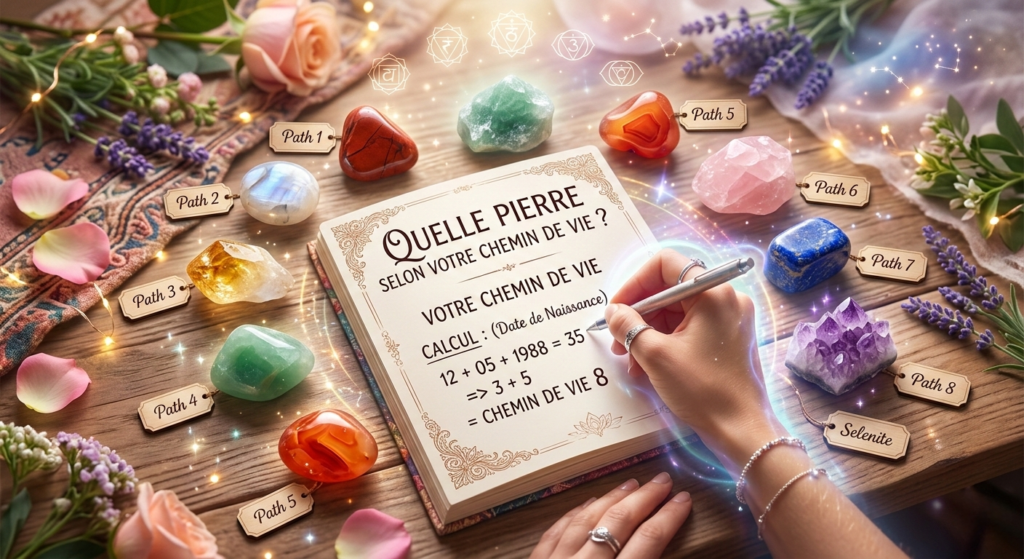 Une main de femme écrivant un calcul de numérologie dans un carnet entouré de divers cristaux (améthyste, citrine, quartz rose) et de fleurs de lavande, illustrant la découverte de sa pierre selon son chemin de vie.