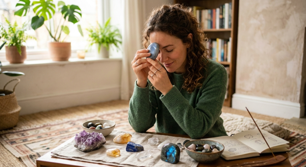 Une femme assise dans un intérieur apaisant, pratiquant la méditation avec une pierre sur le front, entourée de cristaux comme l'améthyste et la labradorite pour développer son intuition.
