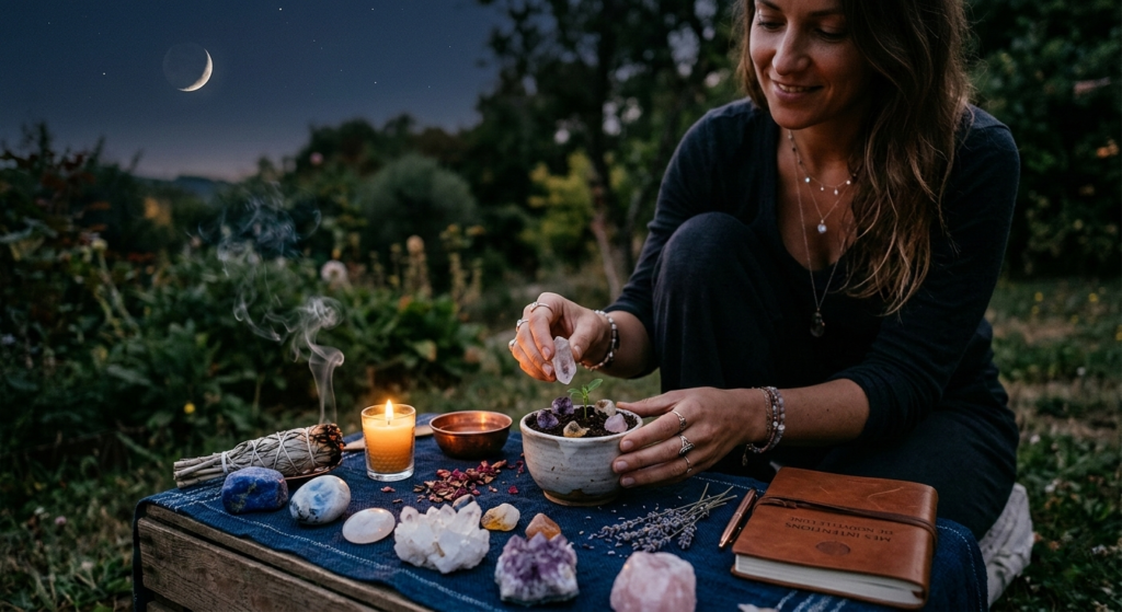 Une femme pratiquant un rituel de nouvelle lune en extérieur à la lueur d'une bougie, disposant des cristaux (améthyste, quartz rose) autour d'un petit pot de terre pour planter ses intentions, avec un croissant de lune visible dans le ciel nocturne.