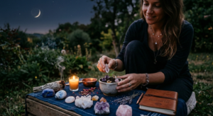 Une femme pratiquant un rituel de nouvelle lune en extérieur à la lueur d'une bougie, disposant des cristaux (améthyste, quartz rose) autour d'un petit pot de terre pour planter ses intentions, avec un croissant de lune visible dans le ciel nocturne.