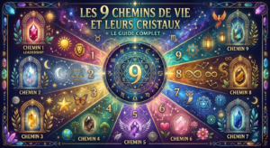 Une illustration mystique et colorée présentant une roue numérologique centrale entourée de 9 sections, chacune illustrant un chemin de vie avec son cristal associé, des symboles ésotériques et des arches célestes sur un fond de galaxie.