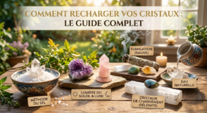 Une composition harmonieuse de plusieurs cristaux (Améthyste, Quartz rose, Sélénite) disposés sur une table en bois pour illustrer les différentes méthodes de rechargement : bol de sel, fumigation à la sauge, eau naturelle et exposition à la lumière. Le texte 'Comment recharger vos cristaux : le guide complet' est inscrit en haut de l'image.