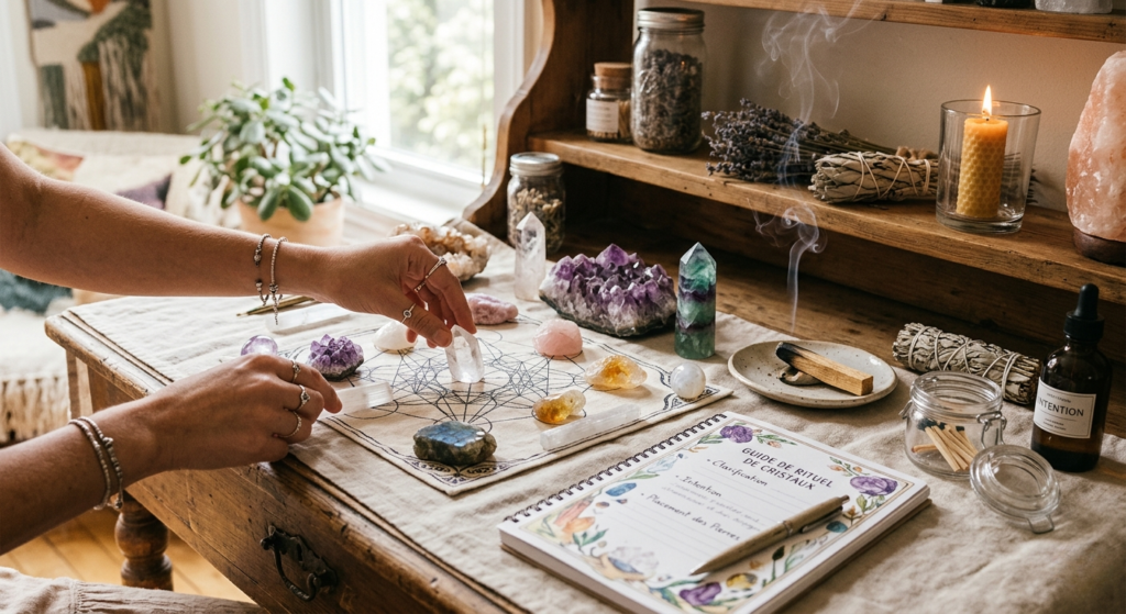 Vue en plan rapproché d'une personne organisant un rituel avec des cristaux sur un bureau en bois. On y voit une grille de cristal, de l'améthyste, du quartz, ainsi qu'un carnet de notes ouvert intitulé 'Guide de Rituel de Cristaux', une bougie allumée et de la sauge fumante pour la purification.