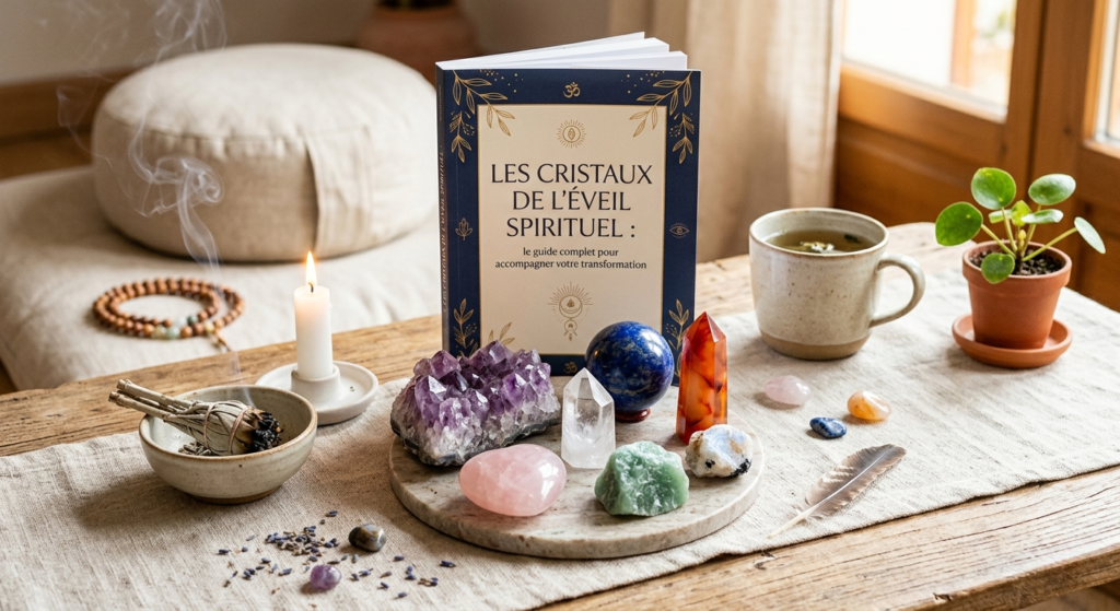 Une composition sereine présentant une collection de cristaux de guérison (améthyste, quartz rose, lapis-lazuli) disposés sur un plateau en marbre à côté d'un livre intitulé "Les Cristaux de l'Éveil Spirituel". L'ambiance est zen avec une bougie allumée, de la sauge fumante et une tasse de thé sur une table en bois clair.
