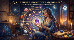 Un guide visuel mystique montrant une figure féminine entourée des 12 signes du zodiaque et des cristaux associés à chaque ascendant, dans une ambiance cosmique bleu et or.