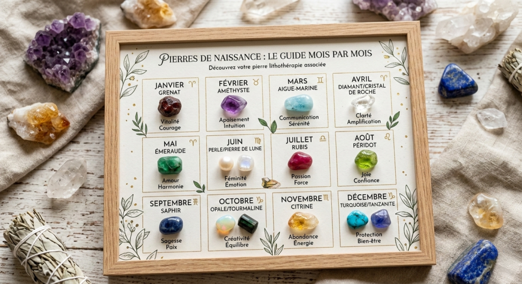 Un tableau encadré en bois présentant un guide visuel des pierres de naissance pour les 12 mois de l'année. Chaque mois comprend une photo de la pierre précieuse associée, son nom en français (ex: Grenat, Améthyste, Émeraude) et ses vertus en lithothérapie (ex: Vitalité, Apaisement, Amour). Le tableau est posé sur une table en bois entouré de cristaux bruts et de paquets de sauge.