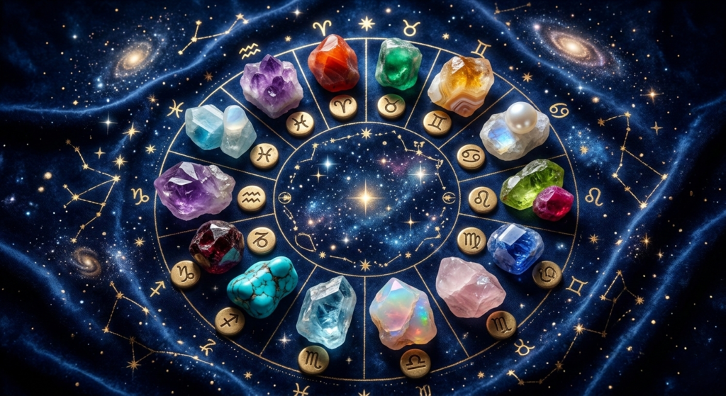 Une roue zodiacale mystique posée sur un tissu en velours bleu nuit étoilé, présentant les 12 signes de l'astrologie accompagnés de leurs pierres de lithothérapie respectives (améthyste, quartz rose, turquoise, citrine, etc.) sous forme de cristaux bruts et polis.
