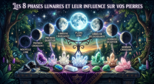 Illustration mystique montrant les 8 phases de la lune, de la nouvelle lune à la lune décroissante, surplombant une collection de cristaux et pierres naturelles (améthyste, quartz, labradorite) disposés sur un autel en forêt pour un rechargement énergétique.