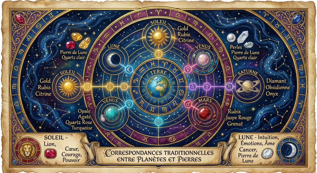 Une image photoréaliste et détaillée d'un instrument d'astrologie vintage et complexe, semblable à un astrolabe, reposant sur un bureau en bois d'érudit. Le cadran central en laiton montre une carte de la Terre entourée des signes du zodiaque. Sept autres sphères planétaires ou emblèmes sont reliés à la Terre par des bras mécaniques dorés. Des collections de pierres précieuses et de cristaux, bruts et polis, sont présentées sur des plateaux d'orfèvrerie avec des étiquettes en français précisant les noms des pierres et les planètes auxquelles elles sont associées. Le bureau en arrière-plan est décoré de livres anciens en cuir, de plumes d'oie et de flacons d'encre.