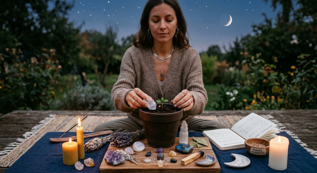 Une femme pratiquant un rituel de Nouvelle Lune en extérieur de nuit. Elle place un cristal dans un pot de terre avec une jeune pousse. Sur une table en bois devant elle, on voit des améthystes, du quartz, de la sauge, des bougies allumées et un carnet d'intentions sous un fin croissant de lune.