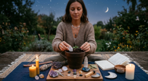 Une femme pratiquant un rituel de Nouvelle Lune en extérieur de nuit. Elle place un cristal dans un pot de terre avec une jeune pousse. Sur une table en bois devant elle, on voit des améthystes, du quartz, de la sauge, des bougies allumées et un carnet d'intentions sous un fin croissant de lune.