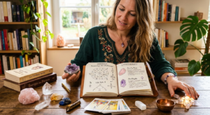Une femme consultant un grimoire ouvert qui détaille les liens entre la numérologie et la lithothérapie, entourée de cristaux comme l'améthyste et le quartz rose sur une table en bois.