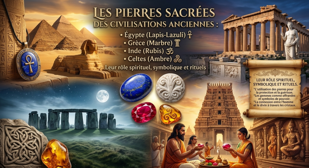 Montage visuel des pierres sacrées de quatre civilisations : les pyramides d'Égypte avec un pendentif Ankh en lapis-lazuli, le Parthénon grec avec du marbre sculpté, un temple indien avec des rubis, et des mégalithes celtes sous la lune avec de l'ambre.