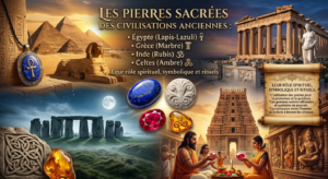Montage visuel des pierres sacrées de quatre civilisations : les pyramides d'Égypte avec un pendentif Ankh en lapis-lazuli, le Parthénon grec avec du marbre sculpté, un temple indien avec des rubis, et des mégalithes celtes sous la lune avec de l'ambre.