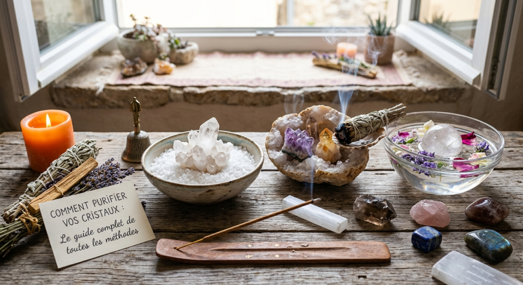 Une collection de cristaux disposés sur une table en bois pour une séance de purification : un amas de quartz dans un bol de sel, une géode d'améthyste fumigée à la sauge, et des pierres immergées dans de l'eau avec des fleurs. Une petite carte affiche le titre de l'article