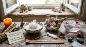 Une collection de cristaux disposés sur une table en bois pour une séance de purification : un amas de quartz dans un bol de sel, une géode d'améthyste fumigée à la sauge, et des pierres immergées dans de l'eau avec des fleurs. Une petite carte affiche le titre de l'article