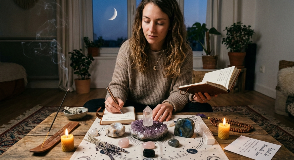 rituel nouvelle lune intentions cristaux