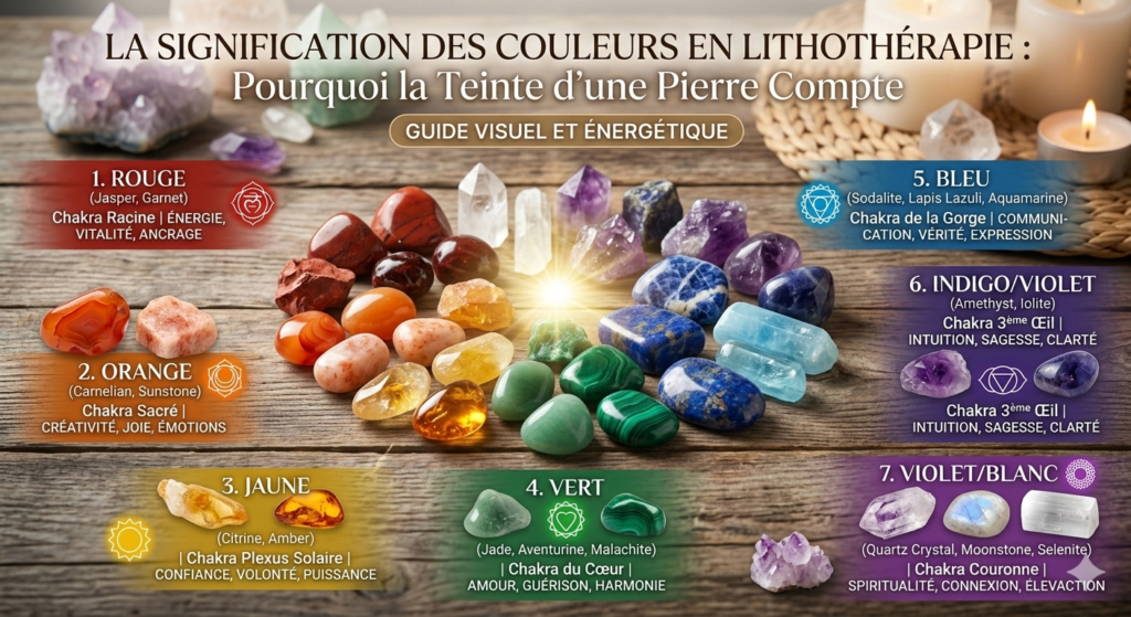 Infographie pédagogique sur la lithothérapie présentant une disposition circulaire de pierres naturelles (jaspe rouge, citrine, améthyste, etc.) classées par couleurs et par chakras, avec des explications textuelles sur les vertus énergétiques de chaque teinte.