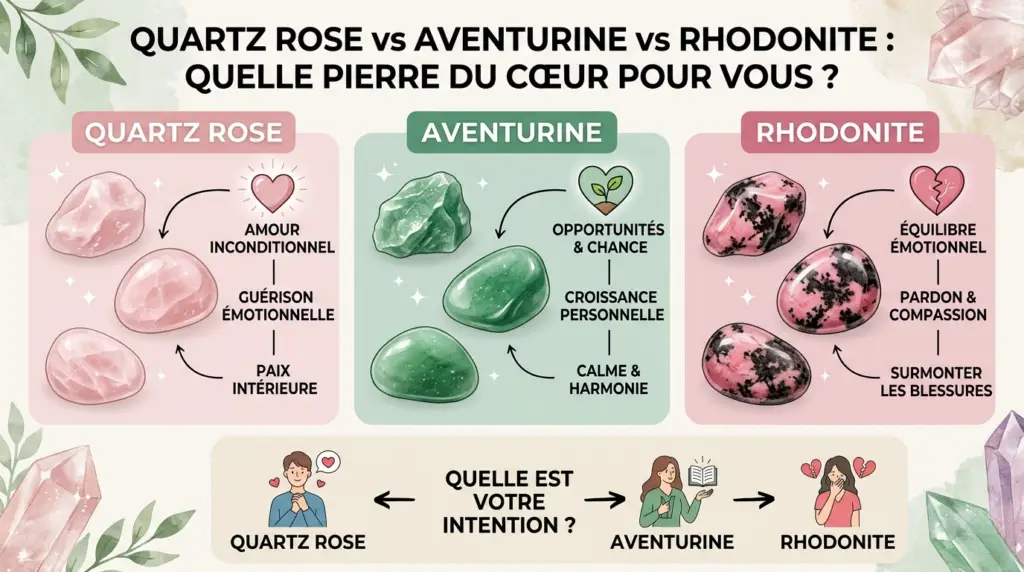Quartz Rose vs Aventurine vs Rhodonite : quelle pierre du cœur choisir ? Infographie comparative des trois pierres du cœur : Quartz rose (associé à l'amour inconditionnel, la guérison émotionnelle et la paix intérieure), Aventurine (associée aux opportunités, à la croissance personnelle et à l'harmonie), Rhodonite (associée à l'équilibre émotionnel, au pardon et à la guérison des blessures), avec une section en bas pour guider le choix selon l'intention.