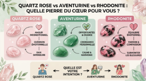 Infographie comparative des trois pierres du cœur : Quartz rose (associé à l'amour inconditionnel, la guérison émotionnelle et la paix intérieure), Aventurine (associée aux opportunités, à la croissance personnelle et à l'harmonie), Rhodonite (associée à l'équilibre émotionnel, au pardon et à la guérison des blessures), avec une section en bas pour guider le choix selon l'intention.