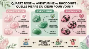 Quartz Rose vs Aventurine vs Rhodonite : quelle pierre du cœur choisir ? Infographie comparative des trois pierres du cœur : Quartz rose (associé à l'amour inconditionnel, la guérison émotionnelle et la paix intérieure), Aventurine (associée aux opportunités, à la croissance personnelle et à l'harmonie), Rhodonite (associée à l'équilibre émotionnel, au pardon et à la guérison des blessures), avec une section en bas pour guider le choix selon l'intention.