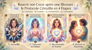Infographie en 4 étapes illustrant le protocole cristallin pour rouvrir son cœur : Accueillir (prise de conscience avec des cristaux autour du cœur), Traverser et Libérer (guérison émotionnelle avec un cœur brisé), Reconstruire et Nourrir (transmutation énergétique avec un cœur en cristal lumineux), Rouvrir et Rayonner (reconnexion au cœur et à l'autre avec un cœur rayonnant).