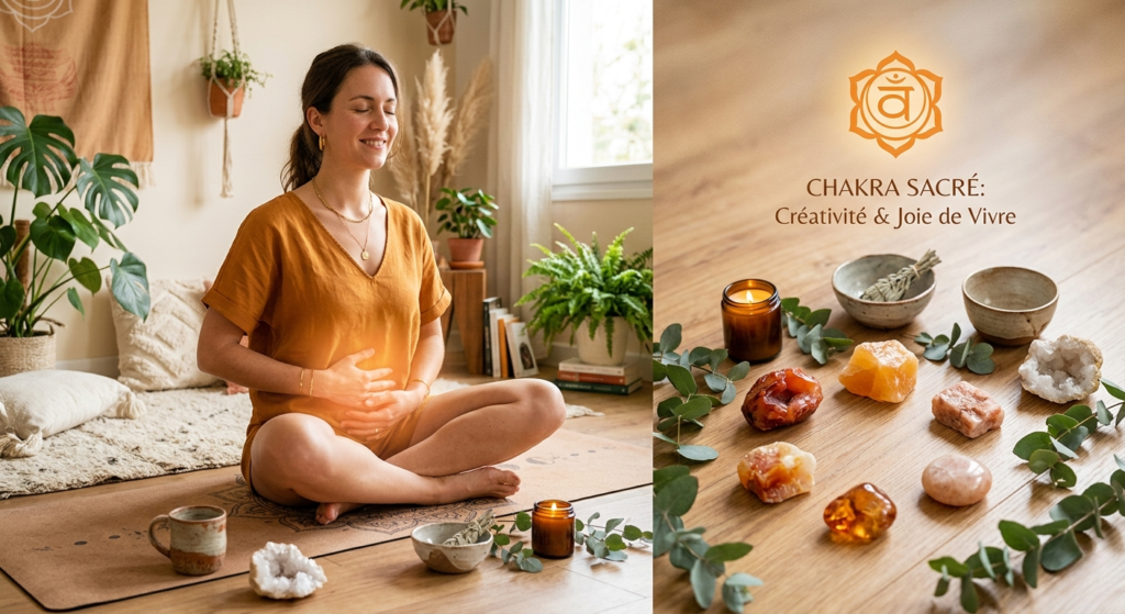 Femme méditant avec une lueur orangée sur le bas-ventre, entourée de pierres orange et de cristaux, symbolisant l'ouverture du chakra sacré pour stimuler la créativité et la joie de vivre.