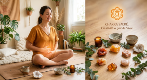 Femme méditant avec une lueur orangée sur le bas-ventre, entourée de pierres orange et de cristaux, symbolisant l'ouverture du chakra sacré pour stimuler la créativité et la joie de vivre.