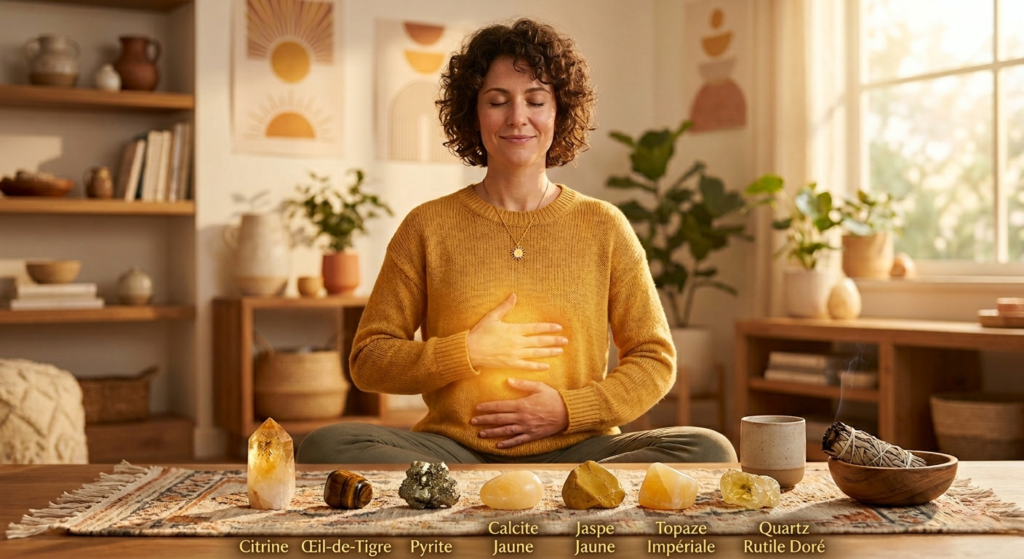 Femme en méditation avec une lueur dorée sur le plexus solaire, entourée des 7 pierres de lithothérapie (citrine, œil-de-tigre, pyrite, calcite jaune, jaspe jaune, topaze impériale et quartz rutile doré) disposées sur une table en bois.