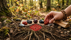 Une main place un jaspe rouge parmi plusieurs pierres d'ancrage (tourmaline noire, grenat, obsidienne) posées sur le sol d'une forêt, près des racines d'un arbre. Le symbole rouge du chakra racine Muladhara est superposé au centre de la composition.