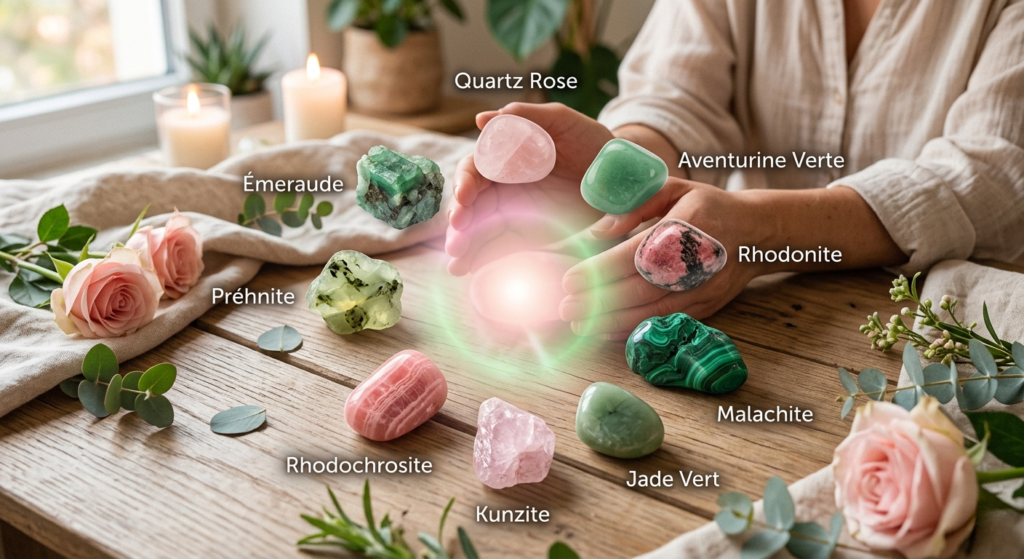 Composition de neuf pierres de lithothérapie (quartz rose, aventurine, émeraude, malachite, jade, kunzite, rhodonite, rhodochrosite, préhnite) sur une table en bois avec une lueur douce, symbolisant l'ouverture du chakra du cœur.