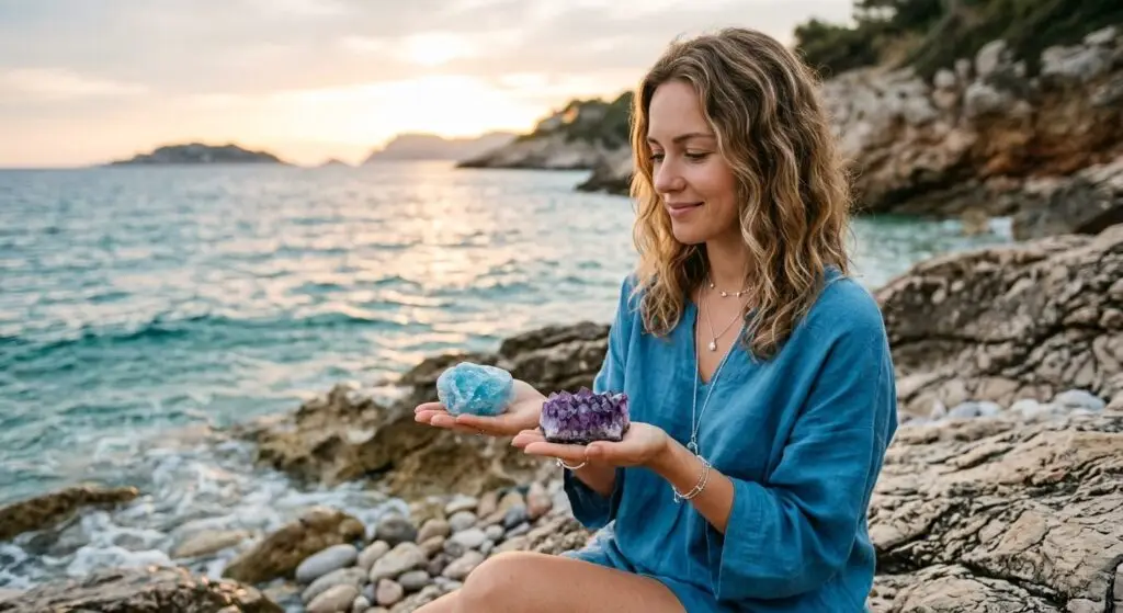 Poissons : 2 pierres pour renforcer votre résonance vibratoire au quotidien Une femme sereine au bord de la mer tenant une pierre d'aigue-marine bleue dans une main et une géode d'améthyste violette dans l'autre, symbolisant les pierres de naissance et de protection pour le signe astrologique du Poissons.