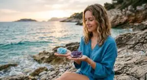 Poissons : 2 pierres pour renforcer votre résonance vibratoire au quotidien Une femme sereine au bord de la mer tenant une pierre d'aigue-marine bleue dans une main et une géode d'améthyste violette dans l'autre, symbolisant les pierres de naissance et de protection pour le signe astrologique du Poissons.