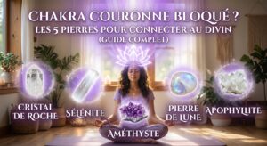 Chakra Couronne Bloqué ? Les 5 Pierres pour Connecter au Divin (Guide Complet) Femme en méditation avec le symbole du lotus au-dessus de la tête, entourée des cinq pierres pour le chakra couronne : cristal de roche, sélénite, améthyste, pierre de lune et apophyllite, sur une illustration représentant l'alignement énergétique.