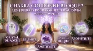 Femme en méditation avec le symbole du lotus au-dessus de la tête, entourée des cinq pierres pour le chakra couronne : cristal de roche, sélénite, améthyste, pierre de lune et apophyllite, sur une illustration représentant l'alignement énergétique.