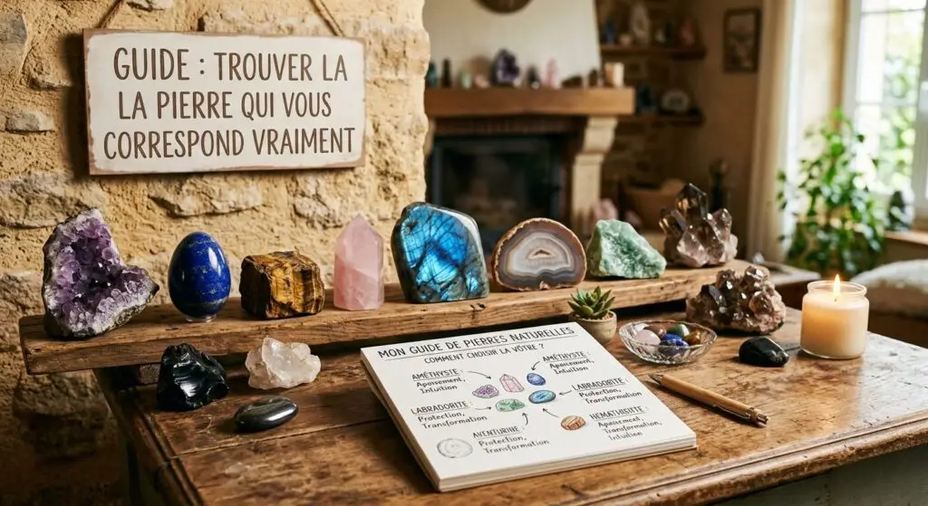 Comment choisir sa pierre naturelle : le guide pour trouver celle qui vous correspond vraiment Une table en bois rustique présentant une collection de pierres naturelles (améthyste, labradorite, quartz rose) et un carnet ouvert intitulé "Mon guide de pierres naturelles" avec des notes manuscrites, devant un panneau en bois portant l'inscription "Guide : trouver la pierre qui vous correspond vraiment" dans une ambiance chaleureuse.