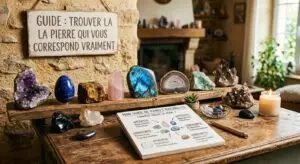 Comment choisir sa pierre naturelle : le guide pour trouver celle qui vous correspond vraiment Une table en bois rustique présentant une collection de pierres naturelles (améthyste, labradorite, quartz rose) et un carnet ouvert intitulé "Mon guide de pierres naturelles" avec des notes manuscrites, devant un panneau en bois portant l'inscription "Guide : trouver la pierre qui vous correspond vraiment" dans une ambiance chaleureuse.
