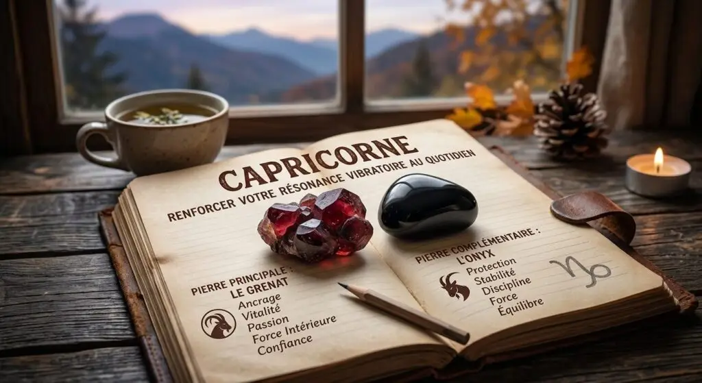 Capricorne : 2 pierres pour renforcer votre résonance vibratoire au quotidien Livre ouvert sur une table en bois devant une fenêtre avec vue sur la montagne, présentant un article sur le signe astrologique du Capricorne. Sur les pages, on peut lire les bienfaits du Grenat, représenté par une pierre brute rouge foncé, et de l'Onyx, représenté par une pierre noire polie, pour renforcer la résonance vibratoire quotidienne.